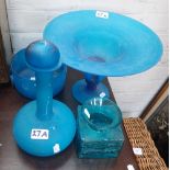 A BLUE GLASS 'SHEREKAT' PEDESTAL BOWL, with matching bowl and decanter and a 1970s green glass