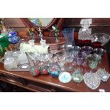 A COLLECTION OF GLASSWARE, paperweights, a dressing table set and sundries