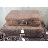 A VICTORIAN LEATHER COVERED WRITING BOX, with fitted interior and a Bramah lock, and another