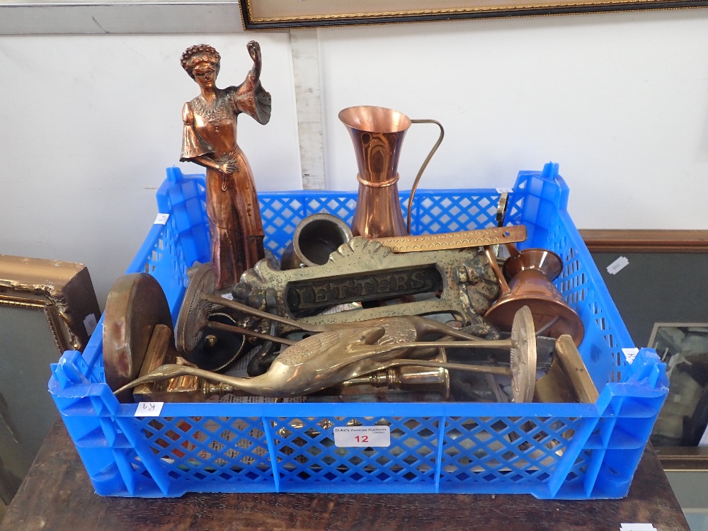 A VICTORIAN BRASS LETTER BOX, a pair of brass candlesticks and similar metalware