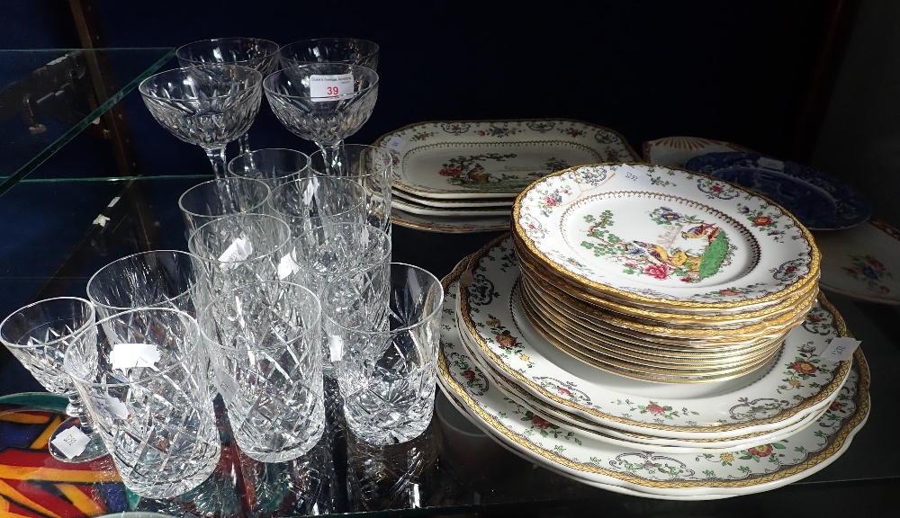 A QUANTITY OF SPODE 'CHELSEA' PLATES (examine) and a collection of cut drinking glasses