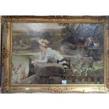 A LARGE EDWARDIAN OIL ON CANVAS PAINTING of an idealised Regency romantic scene indistinctly signed