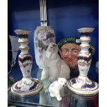 A ROYAL COPENHAGEN VASE, two Branksome china polar bears, a pair of Dresden candlesticks and a Doult