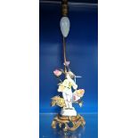 A CONTINENTAL BRASS TABLE LAMP, decorated with a central French ceramic figure surrounded by large c