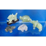 A COLLECTION OF CARVED 'JADE' ANIMALS and two similar frogs (5)