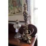 A ROCOCO BRASS TABLE LAMP and a pressed glass oil lamp