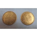 TWO GOLD REPUBLIC OF FRANCE 10 FRANC COINS, both dated 1909
