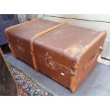 A VINTAGE WOODEN BOUND CABIN TRUNK, with contents to include a Matchbox K44 transporter, two Vintage