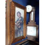 A 1930S OAK CASED BAROMETER, a brass cased barometer (examine) and a pair of Vintage framed prints