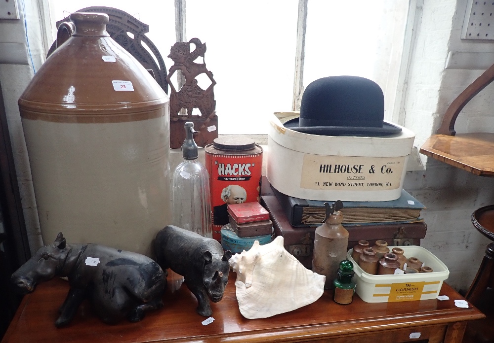 A LARGE STONEWARE FLAGON, a bowler hat with box, tins and sundries