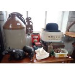 A LARGE STONEWARE FLAGON, a bowler hat with box, tins and sundries