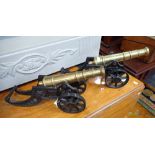 A PAIR OF BRASS AND CAST IRON MODEL FIELD CANNON, late 19th century, 46cm long (2)