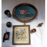 A 1920S MINIATURE WATERCOLOUR OF FLOWERS, in a French oval frame, a similar print, two treen contain