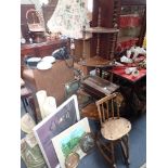 A VICTORIAN CORNER WHATNOT, a rosewood writing slope and similar items and pictures