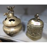 A CHINESE BRONZE BELL, decorated with a dragon and a similar censer (2)