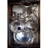 A QUANTITY OF ASSORTED SILVER PLATED FLATWARE, INCLUDING A TEA SET, A CAKE BASKET, ETC