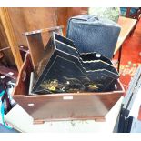 A MAHOGANY BIN OF TAPERED FROM, a book rack and similar items