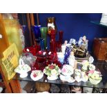 A COLLECTION OF COLOURED GLASS, decorative ceramics and a small quantity of pre-war German stamps