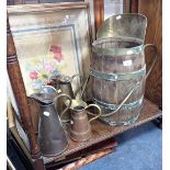 A COAL SCUTTLE OF BARREL FORM and four tapered copper and brass milk jugs