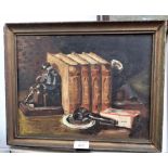 STILL LIFE WITH BOOKENDS AND PIPE, oil on board