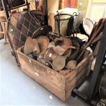 A COLLECTION OF METALWARE including a wire stick stand, a wooden crate and a coloured glass panel