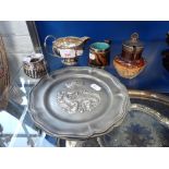 A VICTORIAN HALLMARKED SILVER MOUNTED STONEWARE JAR; TWO PEWTER PLATES; THREE FURTHER SILVER PLATED