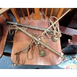 THREE VINTAGE SCALE, two with wooden posts and brass weights