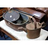 A COPPER TWO HANDLED COOKING PAN by 'Benham & Froud', other antique pans and a water can