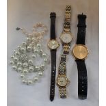 A COLLECTION OF LADIES AND GENTS WRISTWATCHES, together with simulated pearl necklace and bracelet