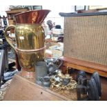 A COPPER AND BRASS STICK STAND IN THE FORM OF A LARGE JUG, 19th Century pewter mug with glass bottom