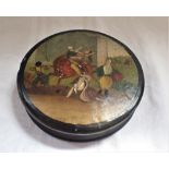 A 19TH CENTURY PAPIER MACHE SNUFF BOX WITH A SCENE PAINTED ON THE LID