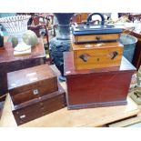 A VICTORIAN STAINED PINE BOX with brass handles, Victorian rosewood boxes an instrument case and an