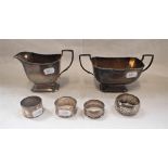 MATCHING SILVER JUG AND SUGAR BASIN, London 1937 and four napkins rings (one plated), approximately