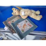 A VINTAGE PLUSH TEDDY BEAR, with jointed limbs and two 1930s 'Little Tots' 78 rpm record albums