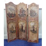A ROCOCCO STYLE 'SPANISH' LEATHER FOLDING SCREEN of small proportions decorated with vignettes of pe