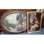 A PAIR OF EDWARDIAN PRINTS IN OVAL GILT FRAMES (examine) and an Edwardian River glass print