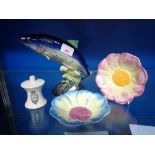 A BESWICK SALMON (missing a fin), a pair of Clarice Cliff floral dishes and a Vintage pie funnel