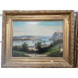 A NAIVE 19TH CENTURY VIEW OF A TOWN ON THE DANUBE indistinctly signed 'A. Forstmann' in a gilt frame