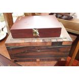 A VICTORIAN ROSEWOOD WORKBOX with fitted interior, including a silver bladed pen knife, and a boxed