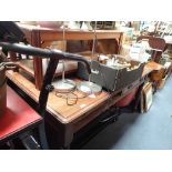 A VICTORIAN MAHOGANY LIBRARY TABLE, two fitted drawers 152cms wide and a modern coffee table