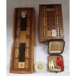 A FOLDING CRIBBAGE SET, another similar, miniature bone dominoes and other items