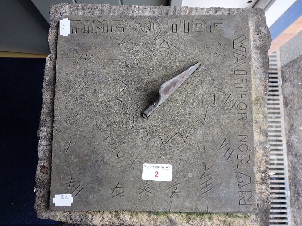 A SUN DIAL ON A RUSTICATED STONE BASE, 79cm high 'Time and Tide wait for no Man' - Image 2 of 2