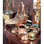 A BRASS AND COPPER JARDINIERE, a copper kettle and similar metalware