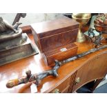 A 'HARRY LAUDER' STYLE WALKING STICK, a mahogany marquetry box and a 19th century tea caddy