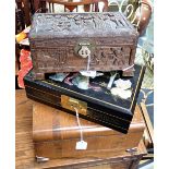 AN INDONESIAN CARVED BOX, a lacquered and hardstone inlaid box and a walnut veneered box