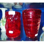 A RED WHITEFRIARS GLASS VASE, 17cm high and another similar (2)