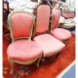 A PAIR OF LOUIS XV STYLE PAINTED AND GILT SALON CHAIRS WITH RED DAMASK UPHOLSTERY and a Victorian ca
