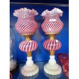A PAIR OF 19TH CENTURY PINK AND WHITE 'SWIRL' OIL LAMPS, with original reservoirs and shades, each o