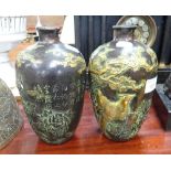 A PAIR OF ORENTAL PATINATED BRONZE BOTTLE VASES, decorated with birds of flowering branches, four ch