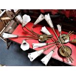 A SET OF THREE 1950S FRENCH LIGHT FITTINGS in brass with opalescent shades